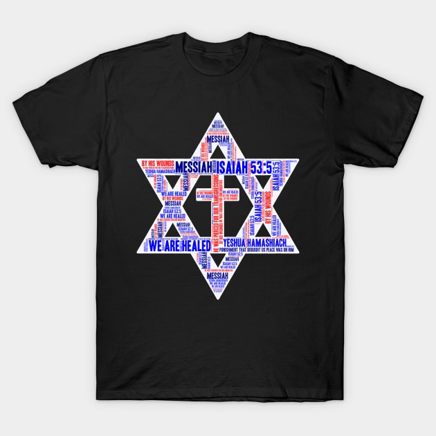 Isaiah 53-5 Word Cloud Messianic Star David Crucifix T-Shirt by BubbleMench